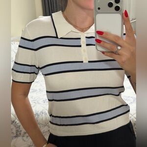 Women H&M Cream Striped Polo Top